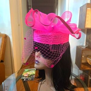 Vibrant Pink Sculptural Fascinator Hat with Veil